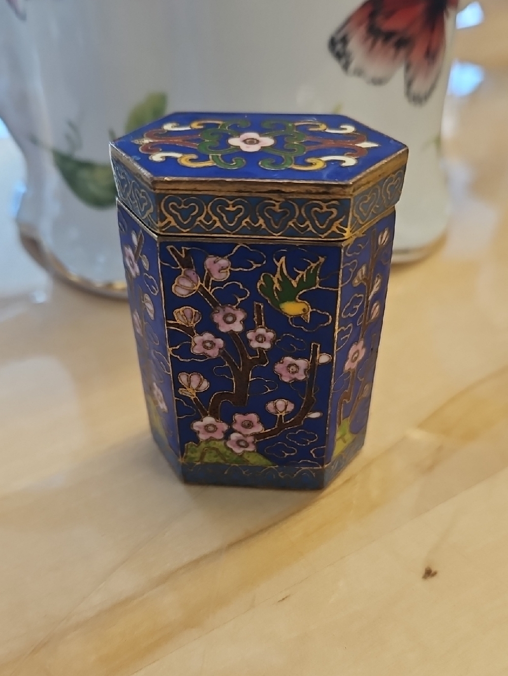 Blue Cloisonné And Brass Hexagonal Trinket Box with Floral & Bird Motif